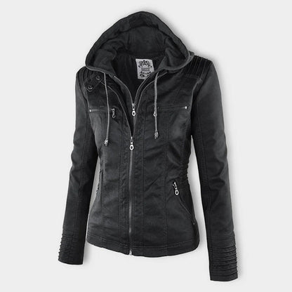 Dames Leren Jas Zwarte PU-Jas met Capuchon en Rits