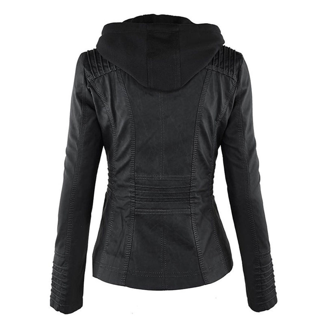 Dames Leren Jas Zwarte PU-Jas met Capuchon en Rits