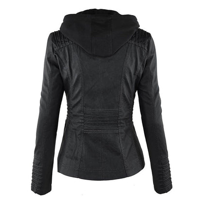 Dames Leren Jas Zwarte PU-Jas met Capuchon en Rits