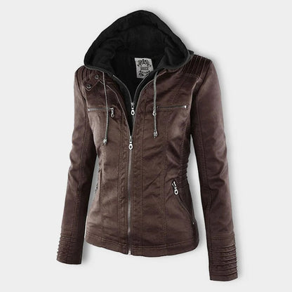 Dames Leren Jas Zwarte PU-Jas met Capuchon en Rits