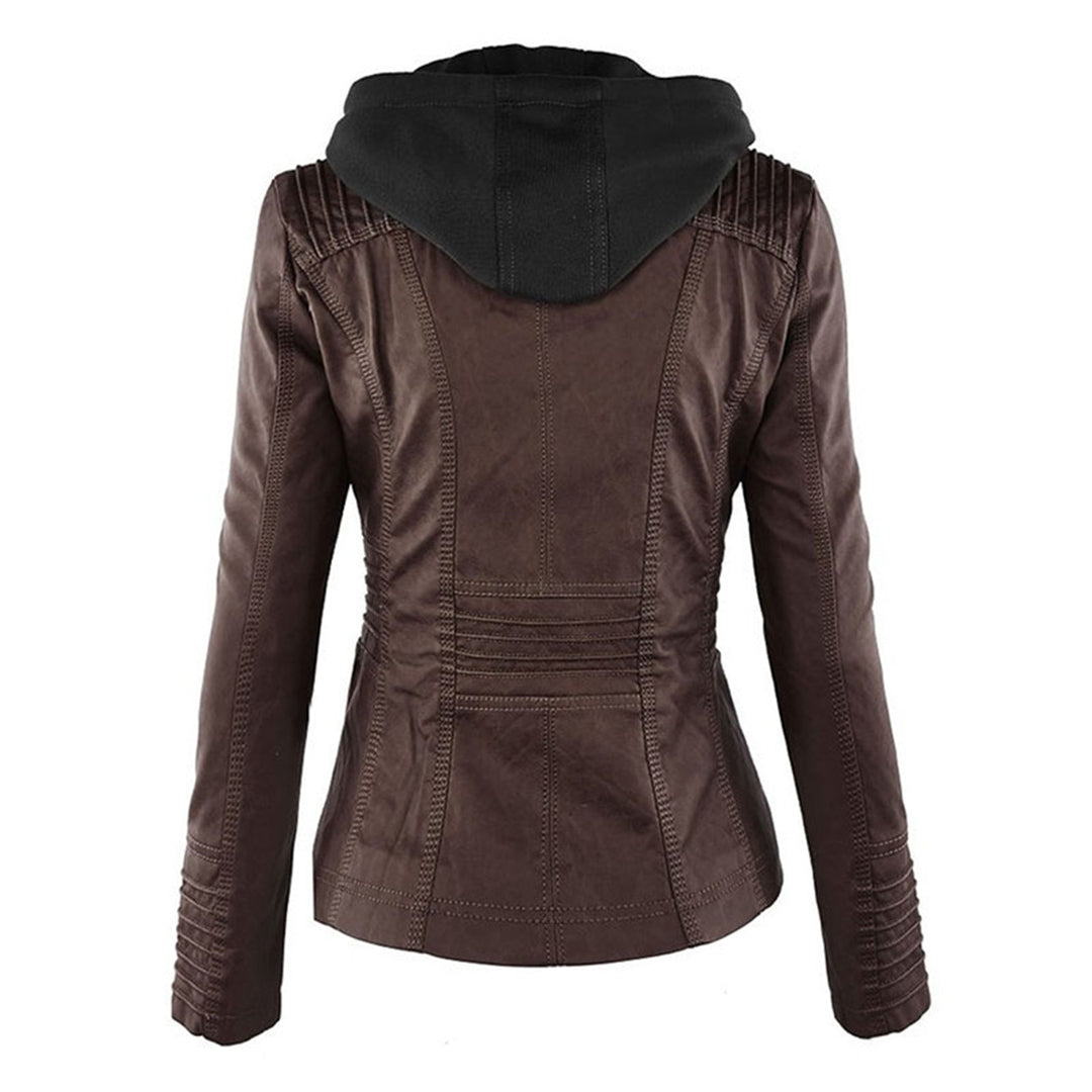 Dames Leren Jas Zwarte PU-Jas met Capuchon en Rits