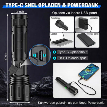 LED Zaklamp Oplaadbaar Waterdicht voor Buiten Gebruik
