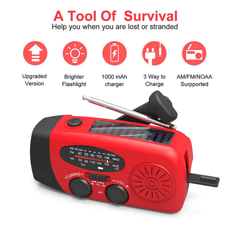 Noodradio met Powerbank, Solar, Handopwinder en Zaklamp voor Noodgevallen