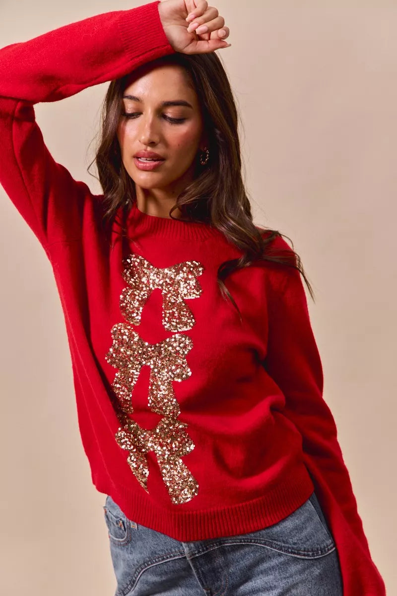 Kersttrui Rood met Pailletten en Strik Design