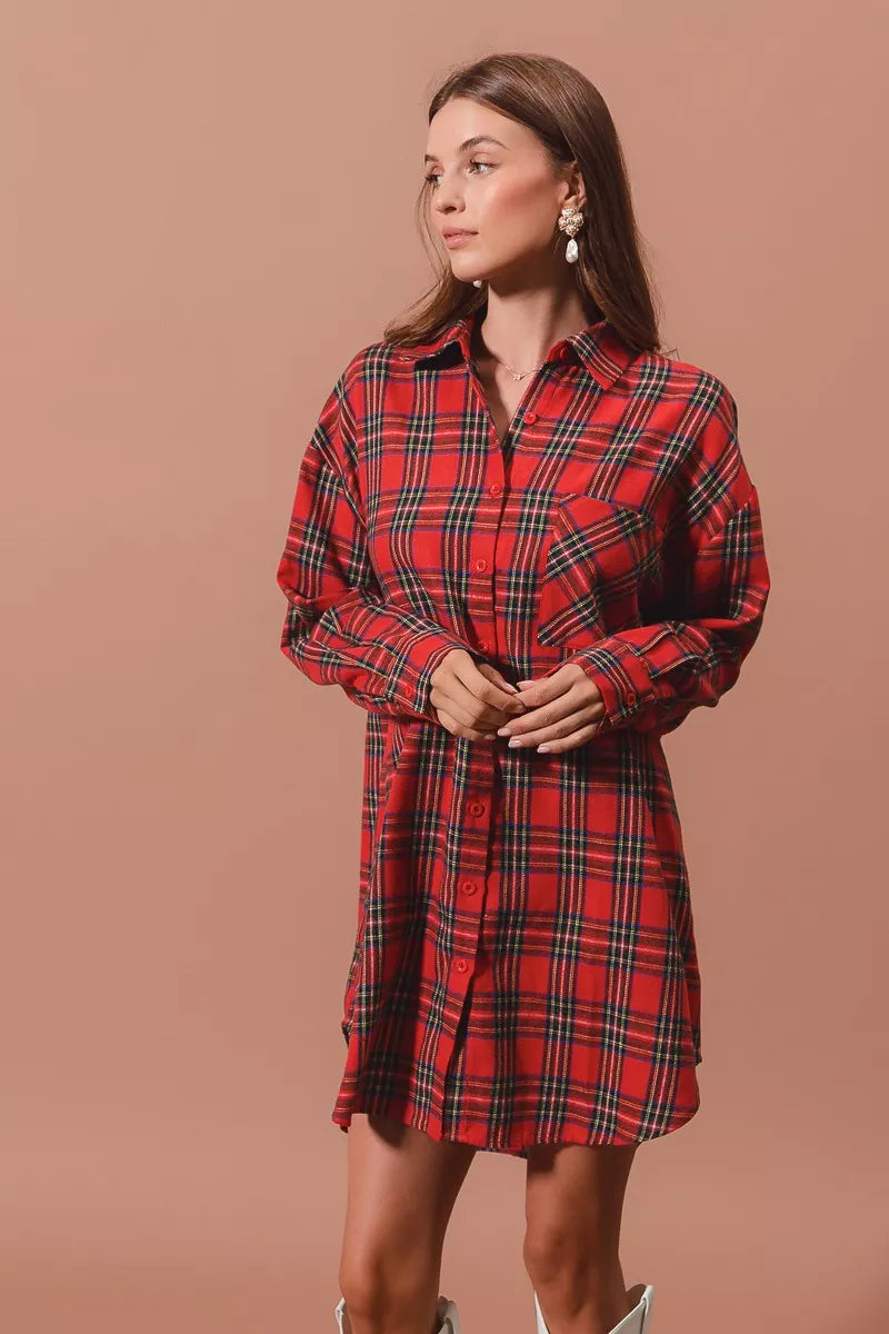Rode Kerst Jurk Ruitpatroon Oversized Blouse Stijl