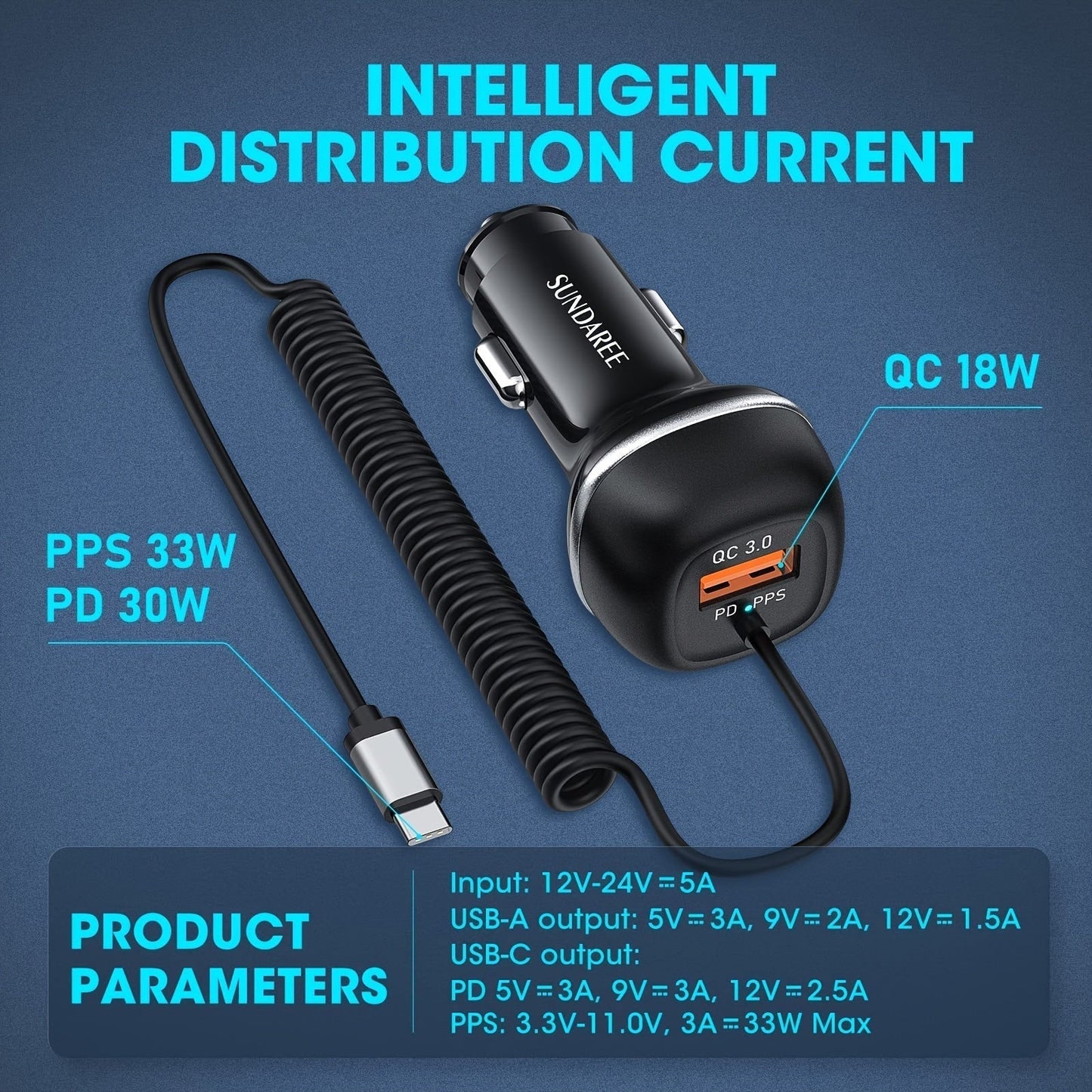 USB-C Autolader 51W Snelladen 3 Poorten QC 3.0