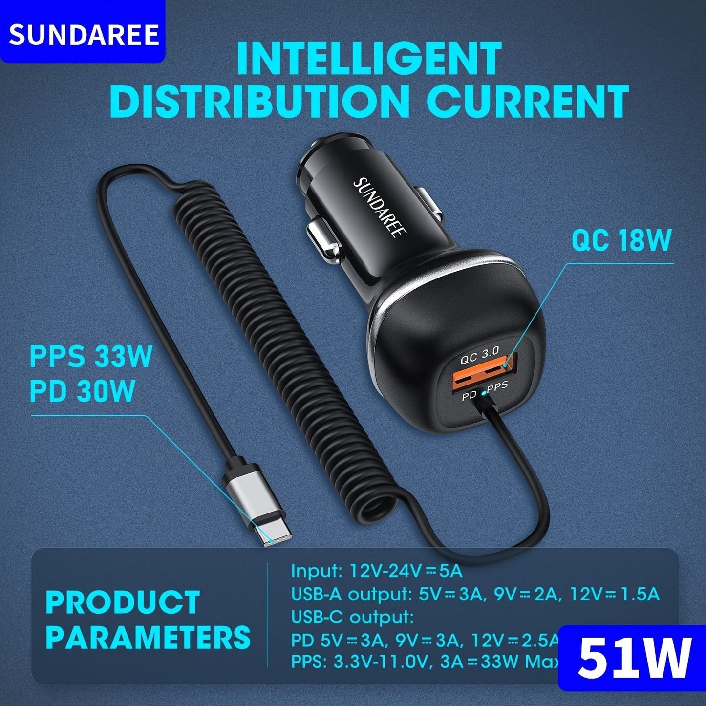 USB-C Autolader 51W Snelladen 3 Poorten QC 3.0