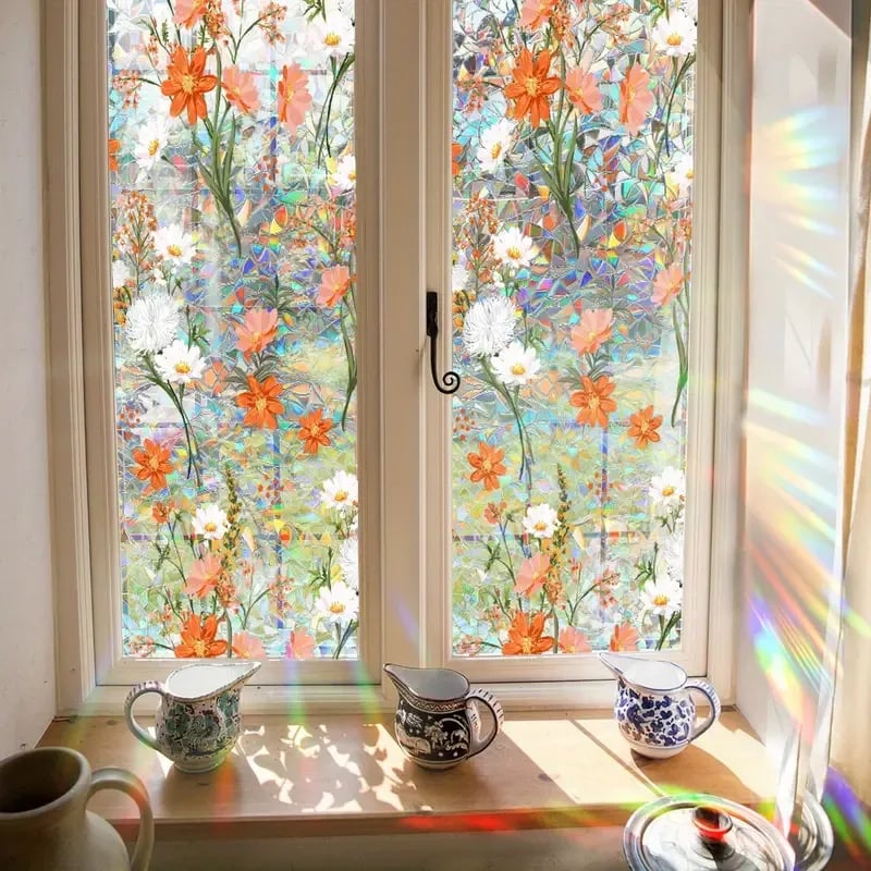 Prismatische Bloemen Raamfolie Zelfklevend Zonneblokkering voor Thuis en Kantoor