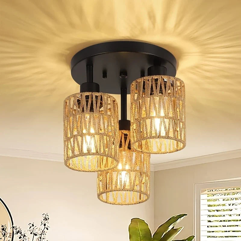 Rotan Plafondlamp Met Zwart Frame en Natuurlijke Kappen - Velinix