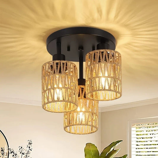 Rotan Plafondlamp Met Zwart Frame en Natuurlijke Kappen - Velinix