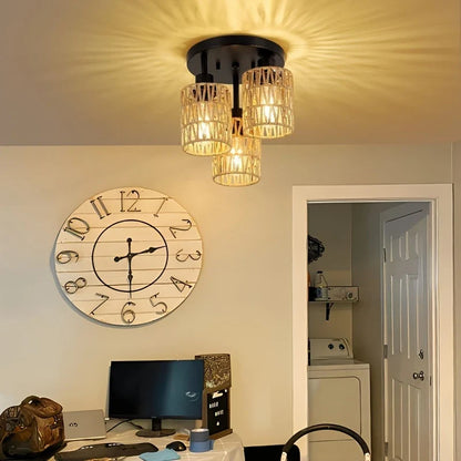 Rotan Plafondlamp Met Zwart Frame en Natuurlijke Kappen