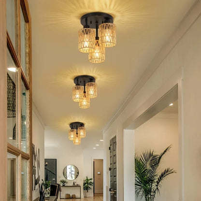 Rotan Plafondlamp Met Zwart Frame en Natuurlijke Kappen