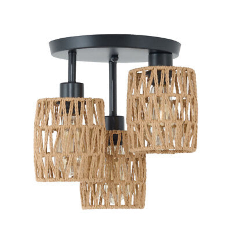 Rotan Plafondlamp Met Zwart Frame en Natuurlijke Kappen