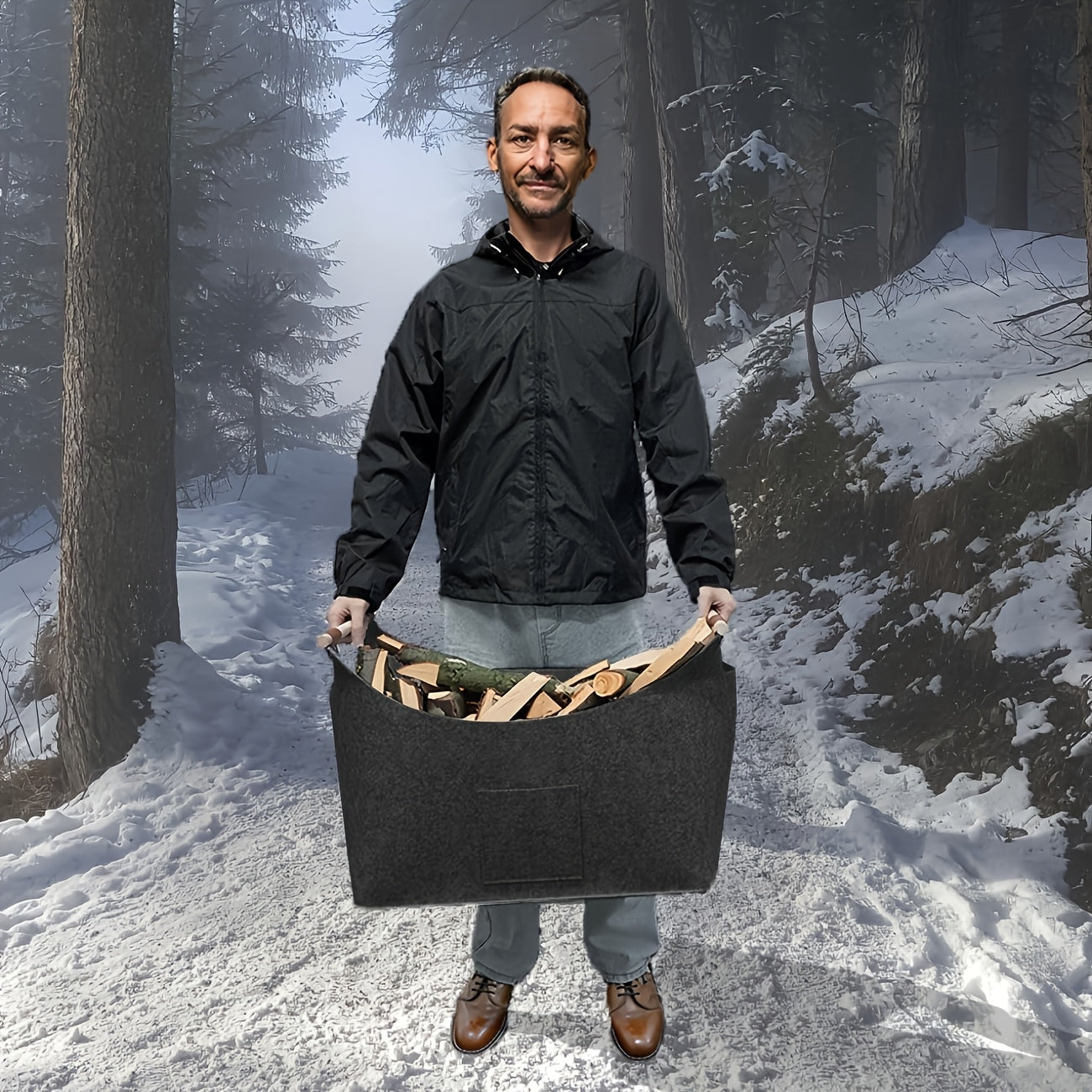 Opvouwbare Houten Koffer 55L Donkergrijs met Leder en Houten Handvatten