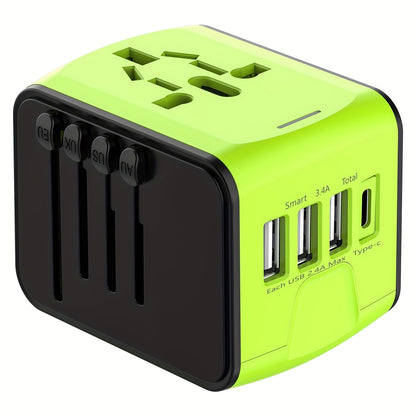 Reisstekker Adapter met 4 USB en Type-C, Wereldwijd en Snelladen