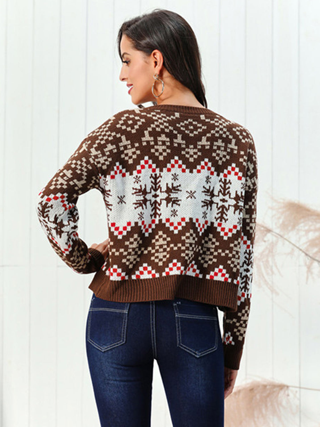 Kersttrui Ronde Hals Bruin Sneeuwvlok Design