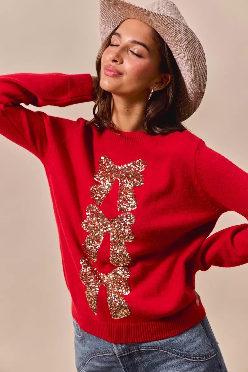 Kersttrui Rood met Pailletten en Strik Design
