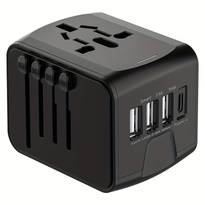 Reisstekker Adapter met 4 USB en Type-C, Wereldwijd en Snelladen
