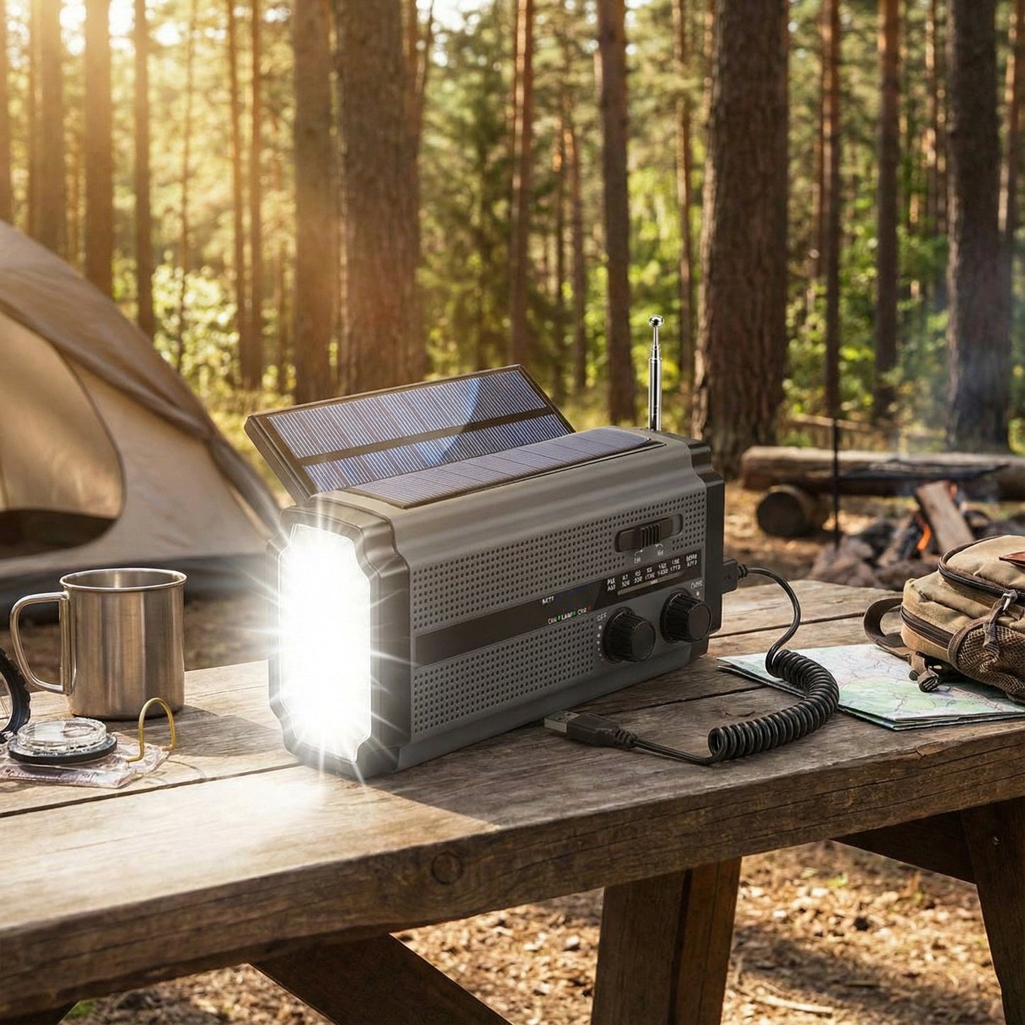 Noodradio met Dynamo, Zonnepanelen en Powerbank Zaklamp