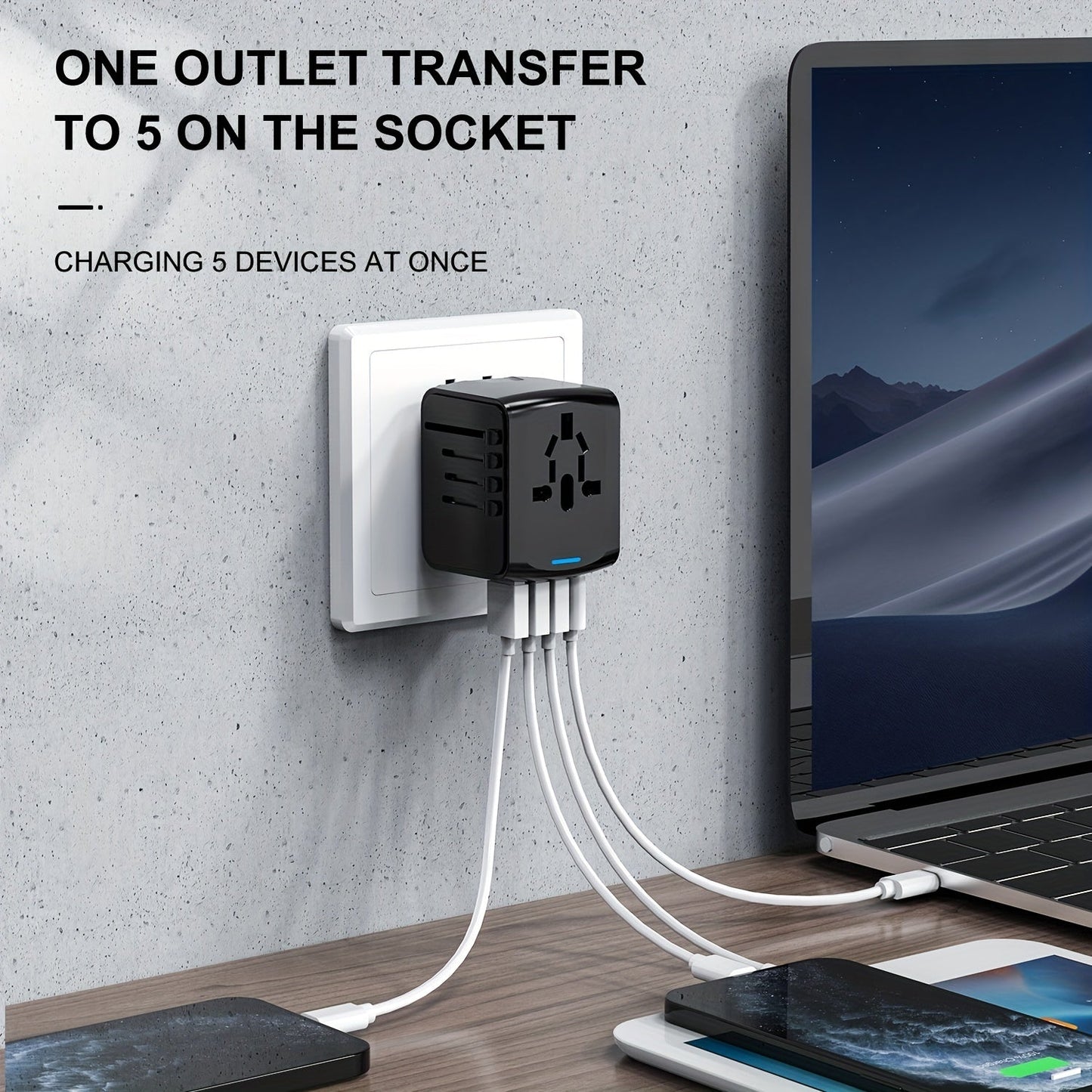 Reisstekker Adapter met 4 USB en Type-C, Wereldwijd en Snelladen