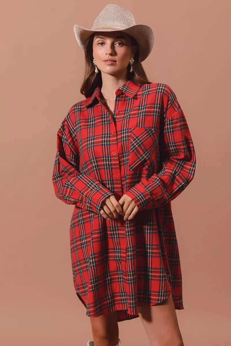 Rode Kerst Jurk Ruitpatroon Oversized Blouse Stijl