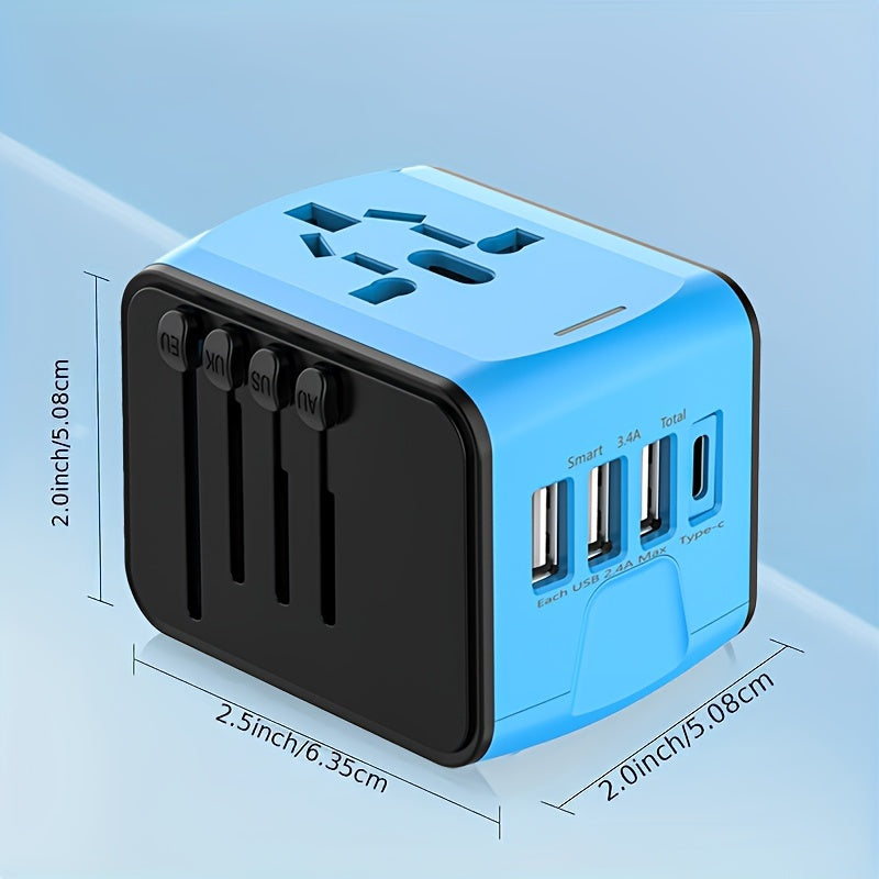 Reisstekker Adapter met 4 USB en Type-C, Wereldwijd en Snelladen