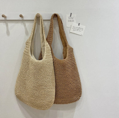 Vrouwen Strandtas Stro Tote Beige Groote Maten Boho Stijl