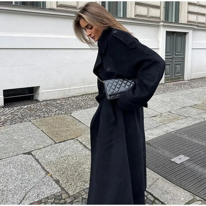 Dames Winterjas Lange Oversized Wollen Mantel Double Breasted