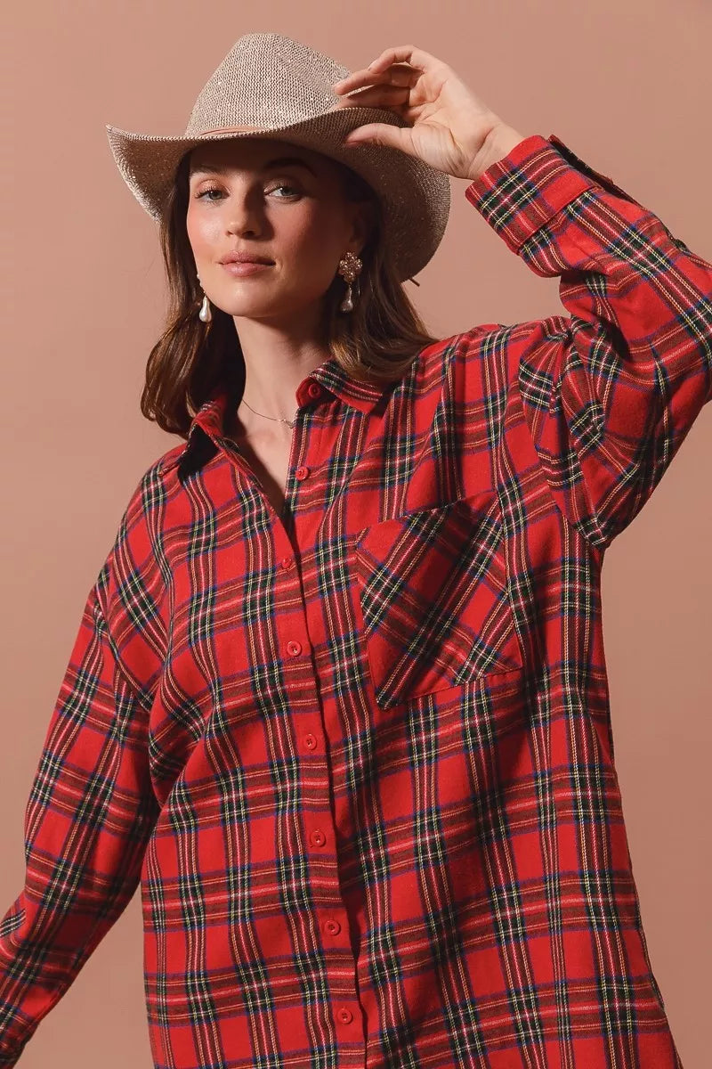 Rode Kerst Jurk Ruitpatroon Oversized Blouse Stijl