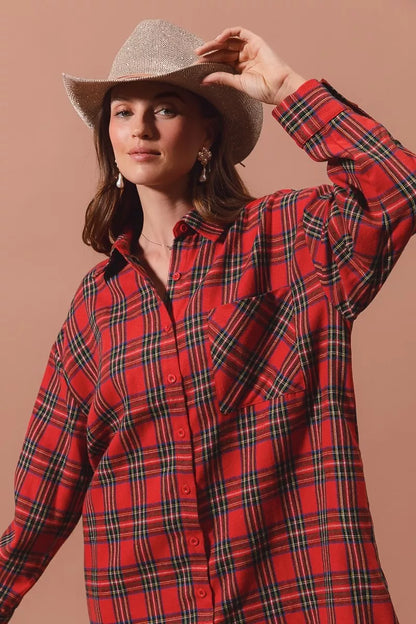 Rode Kerst Jurk Ruitpatroon Oversized Blouse Stijl