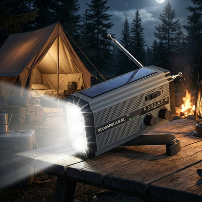 Noodradio met Dynamo, Zonnepanelen en Powerbank Zaklamp