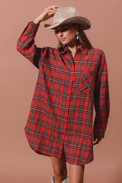 Rode Kerst Jurk Ruitpatroon Oversized Blouse Stijl - Velinix