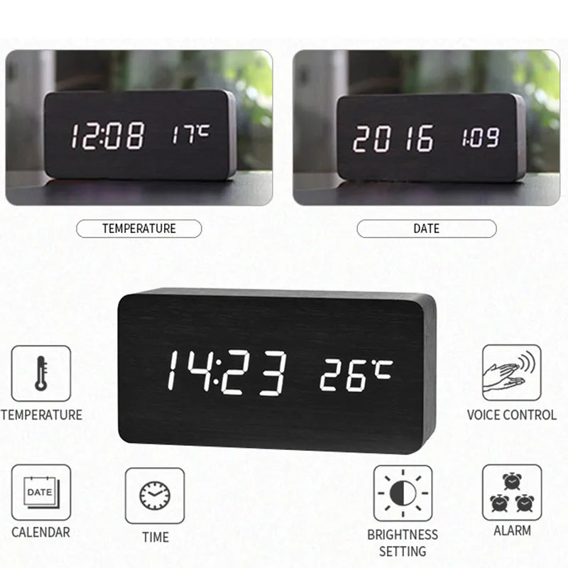 Houten Wekker met LED Display en Temperatuurweergave