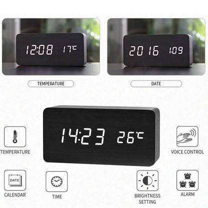 Houten Wekker met LED Display en Temperatuurweergave