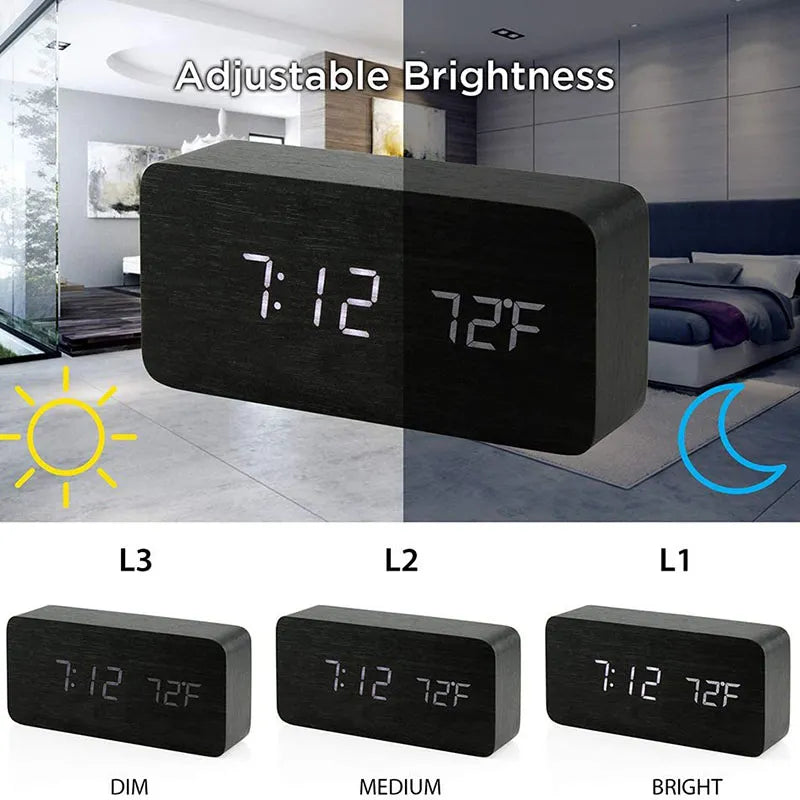 Houten Wekker met LED Display en Temperatuurweergave