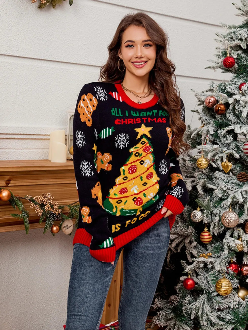 Kersttrui met Feestelijke Eten Print – Pizza en Lekkernijen