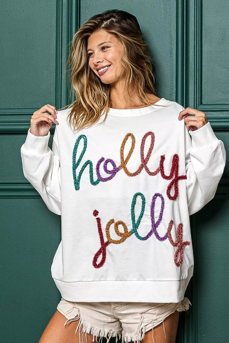 Kerst Sweatshirt Wit met Pailletten Beschrifting - Velinix