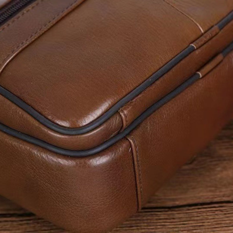 Heren Schoudertas Leder – Grote Rundlederen Tas met Verstelbare Schouderband