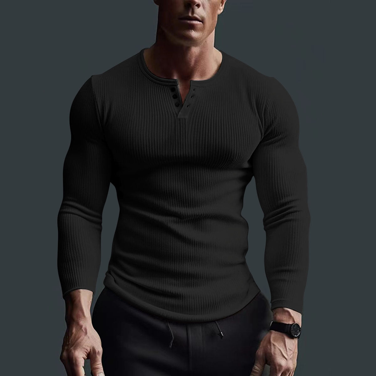 Heren Shirt Gebreid – Stretch Henley met Halve Knopsluiting Comfortabel