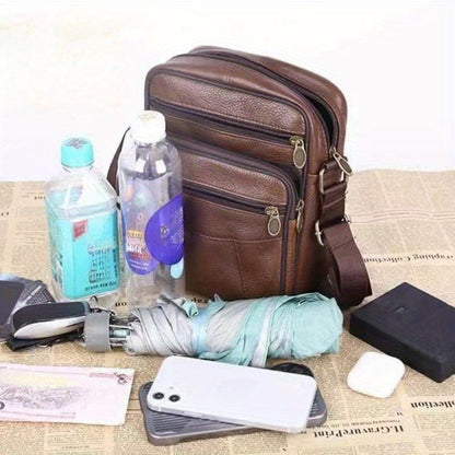 Heren Schoudertas Leder – Grote Rundlederen Tas met Verstelbare Schouderband