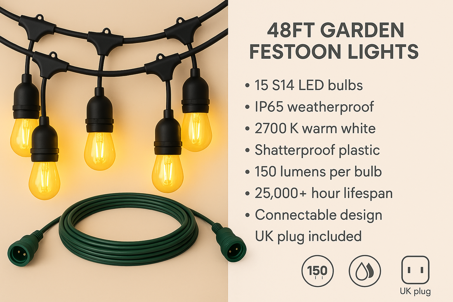 Tuinfeestverlichting 15 LED Lampen IP65 Waterdicht 14,6 Meter