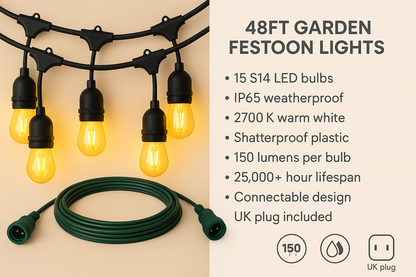 Tuinfeestverlichting 15 LED Lampen IP65 Waterdicht 14,6 Meter
