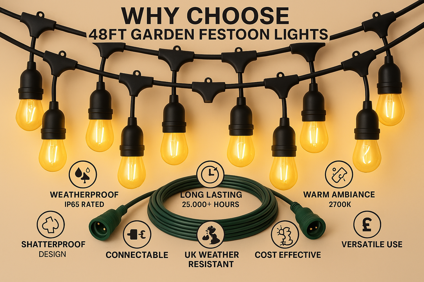 Tuinfeestverlichting 15 LED Lampen IP65 Waterdicht 14,6 Meter
