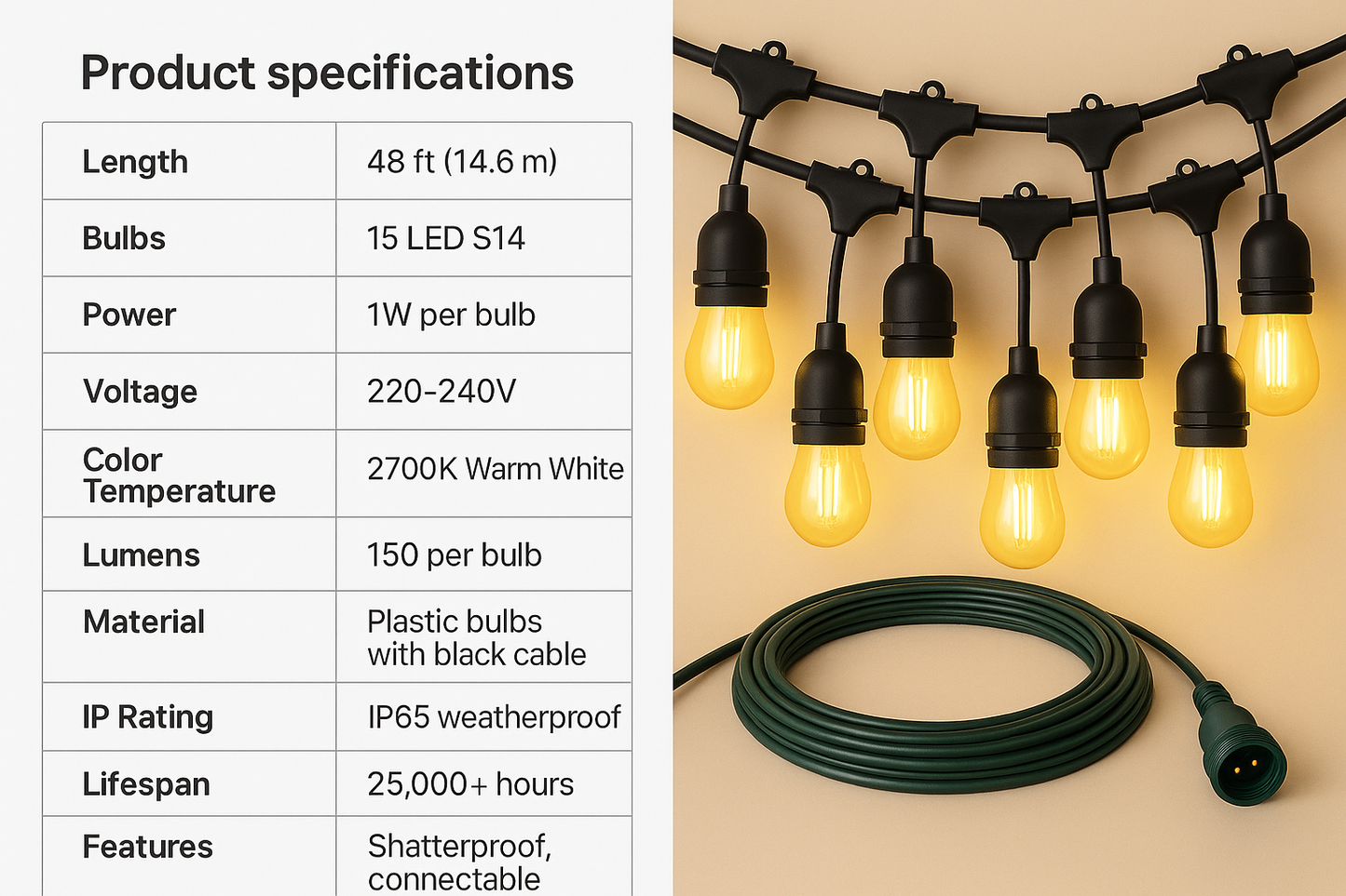 Tuinfeestverlichting 15 LED Lampen IP65 Waterdicht 14,6 Meter