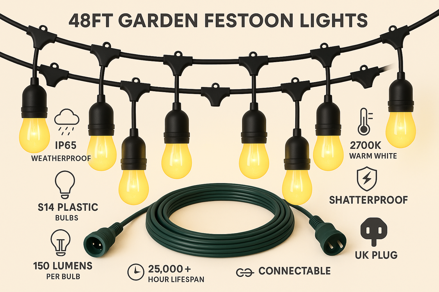 Tuinfeestverlichting 15 LED Lampen IP65 Waterdicht 14,6 Meter