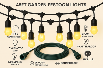 Tuinfeestverlichting 15 LED Lampen IP65 Waterdicht 14,6 Meter