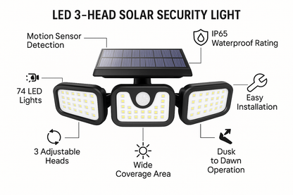 LED Buitenlamp 3-kops met Bewegingssensor Waterdicht