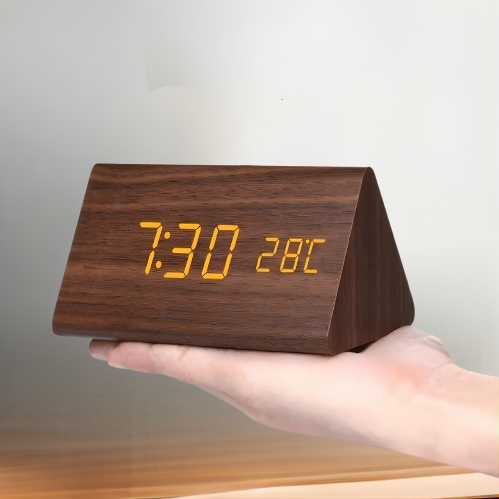 Houten Digitale Wekker met LED Display en Spraakbesturing - Velinix