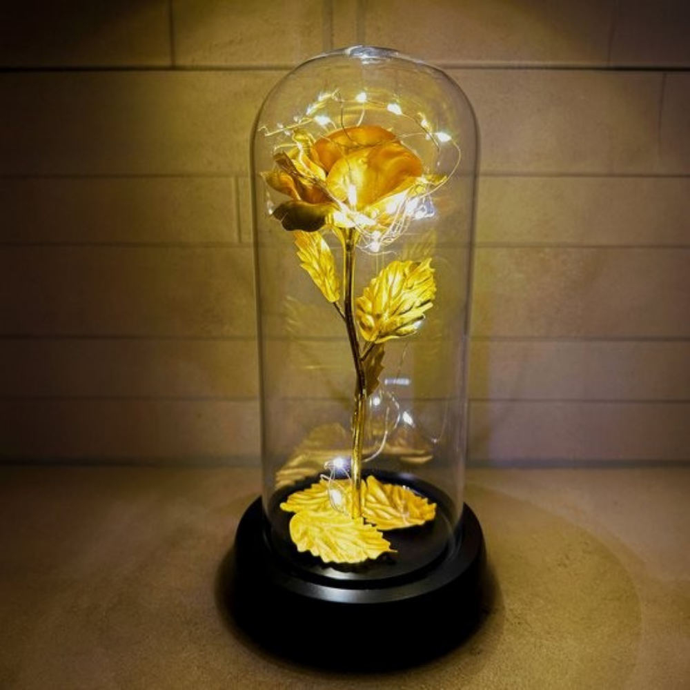 Valentijnsdag LED Nachtlamp Gouden Roos Glazen Stolp