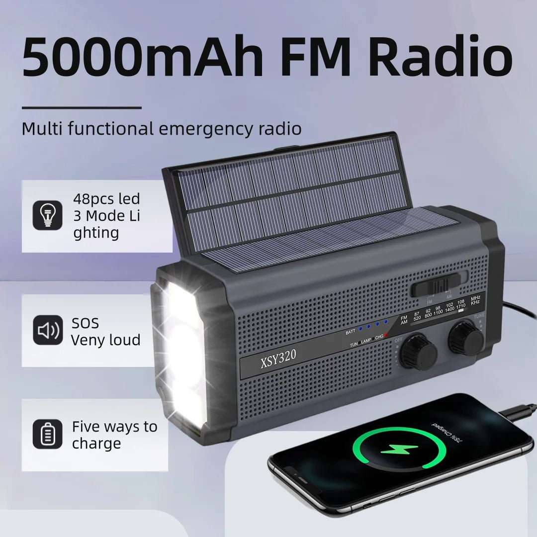 Noodradio met Dynamo, Zonnepanelen en Powerbank Zaklamp